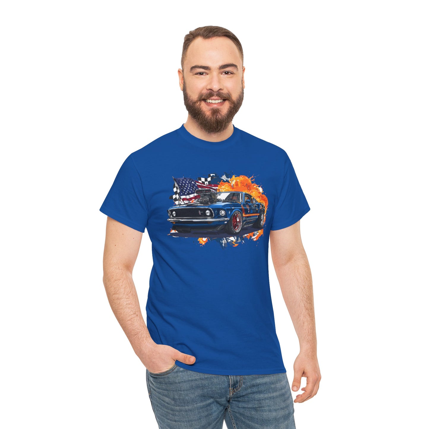 1969 Boss 429 Mustang T‑Shirt — American Flag Burnout Graphic Tee