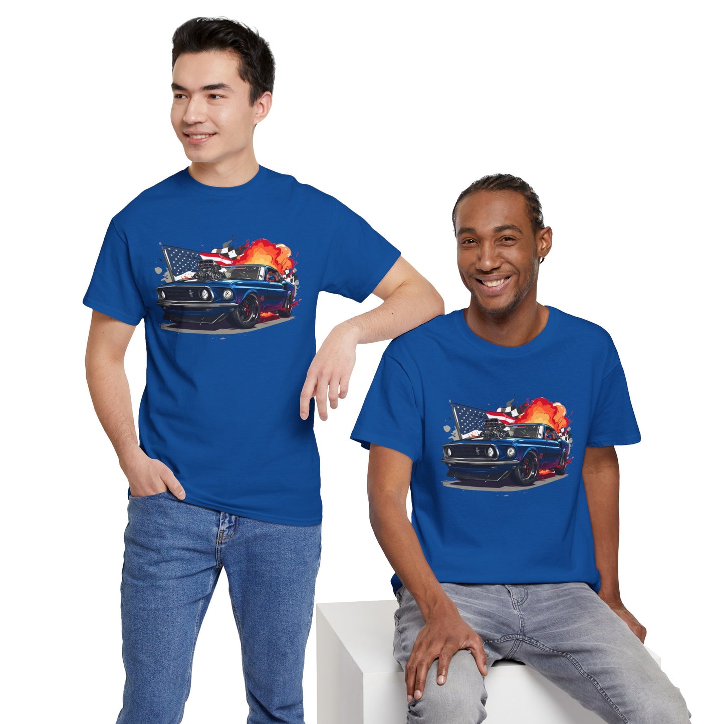 1969 Boss Mustang T‑Shirt — American Flag & Flames Classic Car Tee