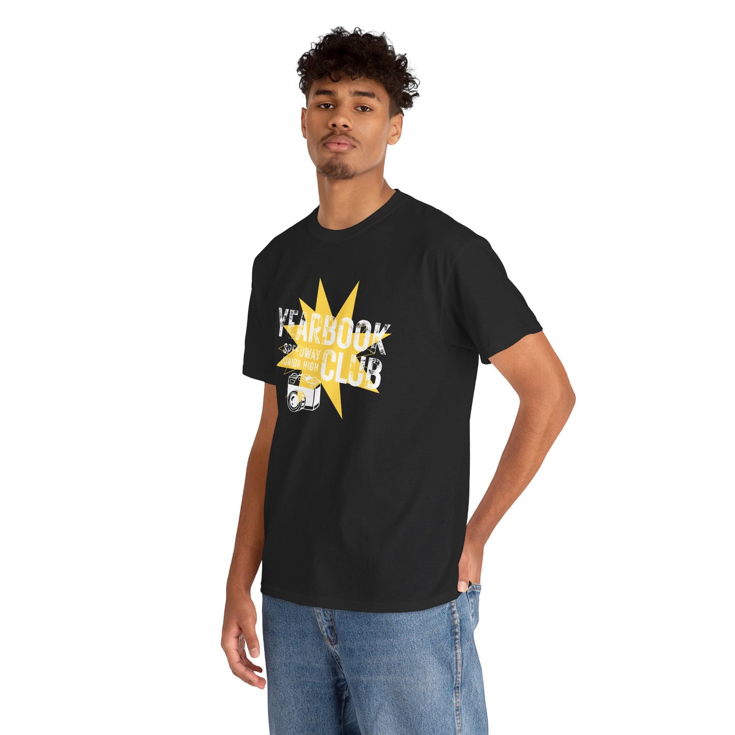 Ackerman Yearbook Club T-Shirt - camera, white font, yellow burst