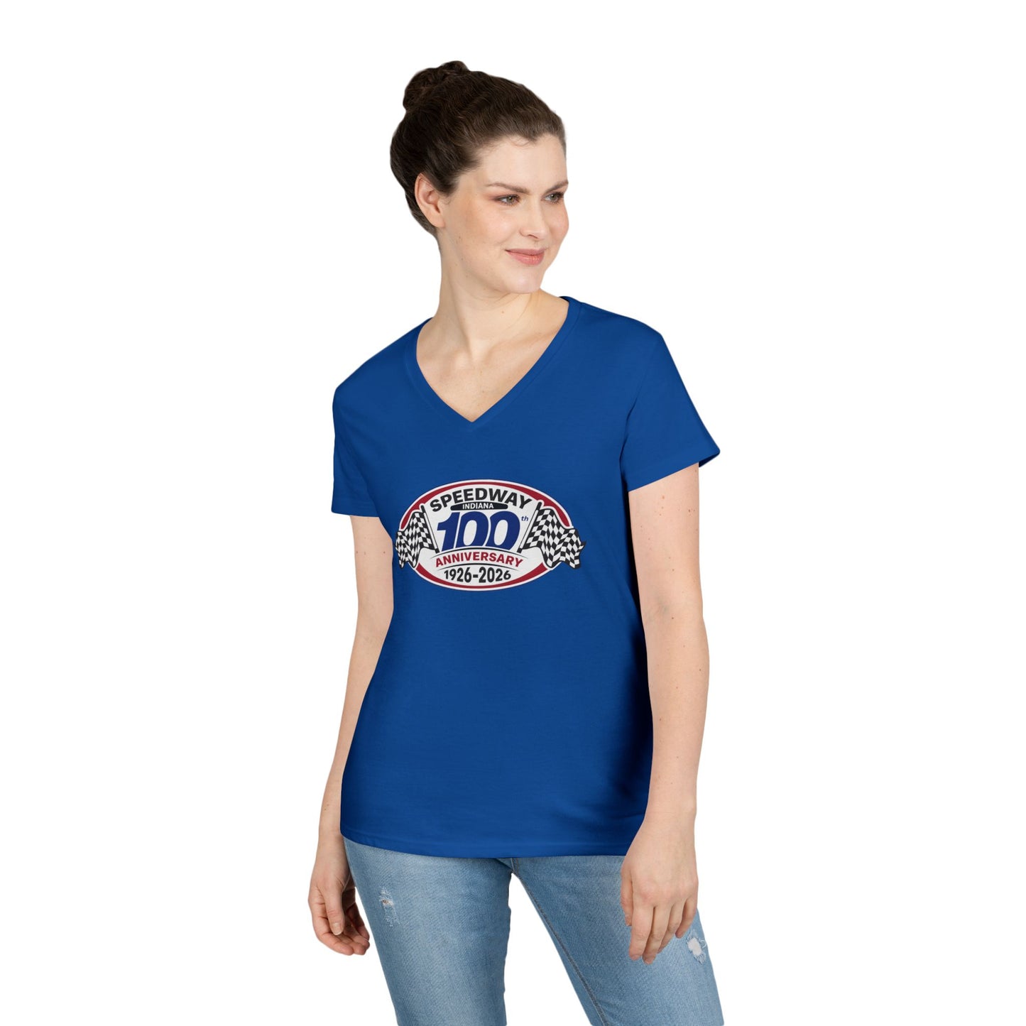Ladies Official Logo Centennial V-Neck T-Shirt — Speedway '1926–2026'