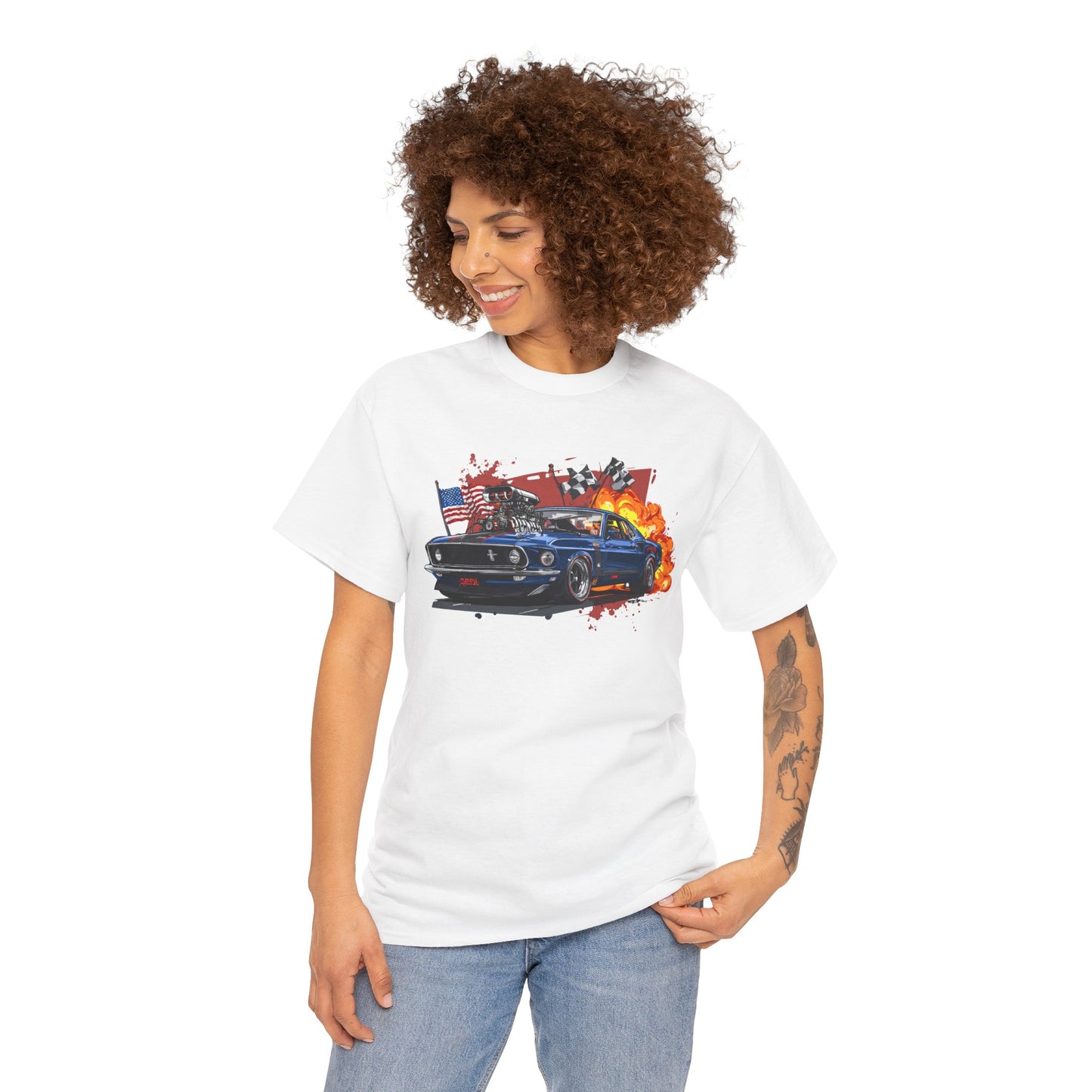 1969 Boss Mustang T‑Shirt — American Flag & Flames