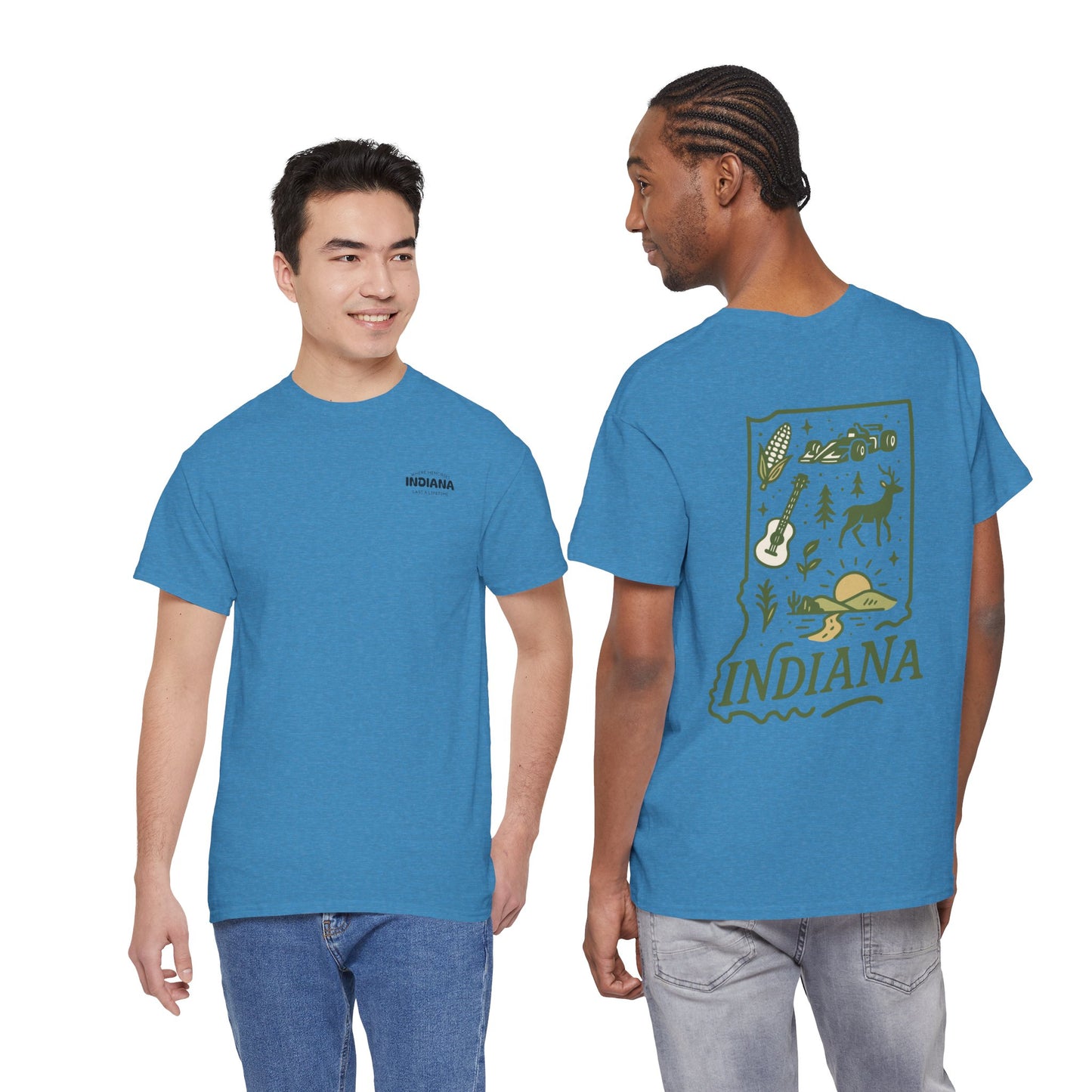 Indiana Outdoor Graphic Tee — State Map Nature & Guitar Design