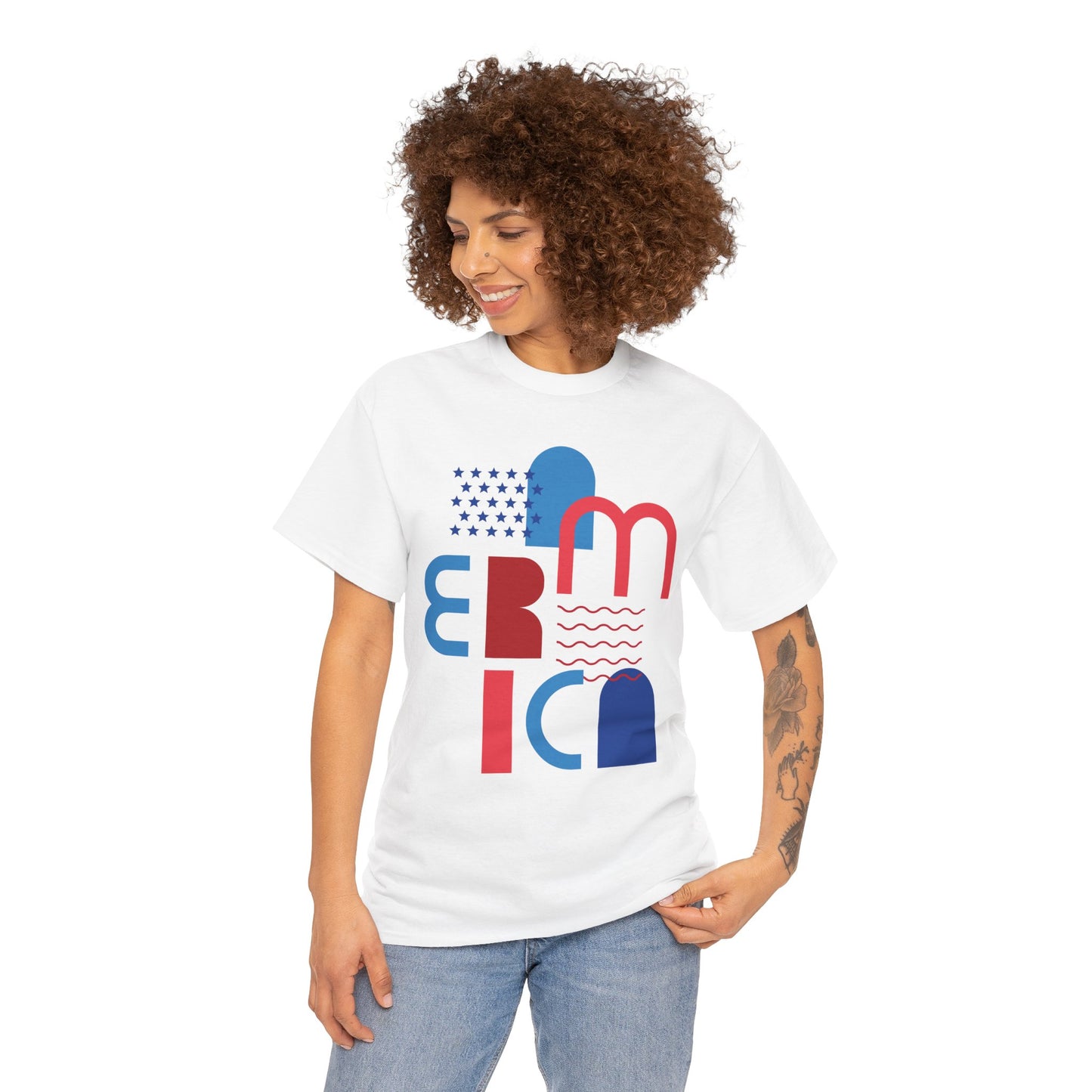 America Graphic Tee — Modern Red & Blue Typographic USA Design