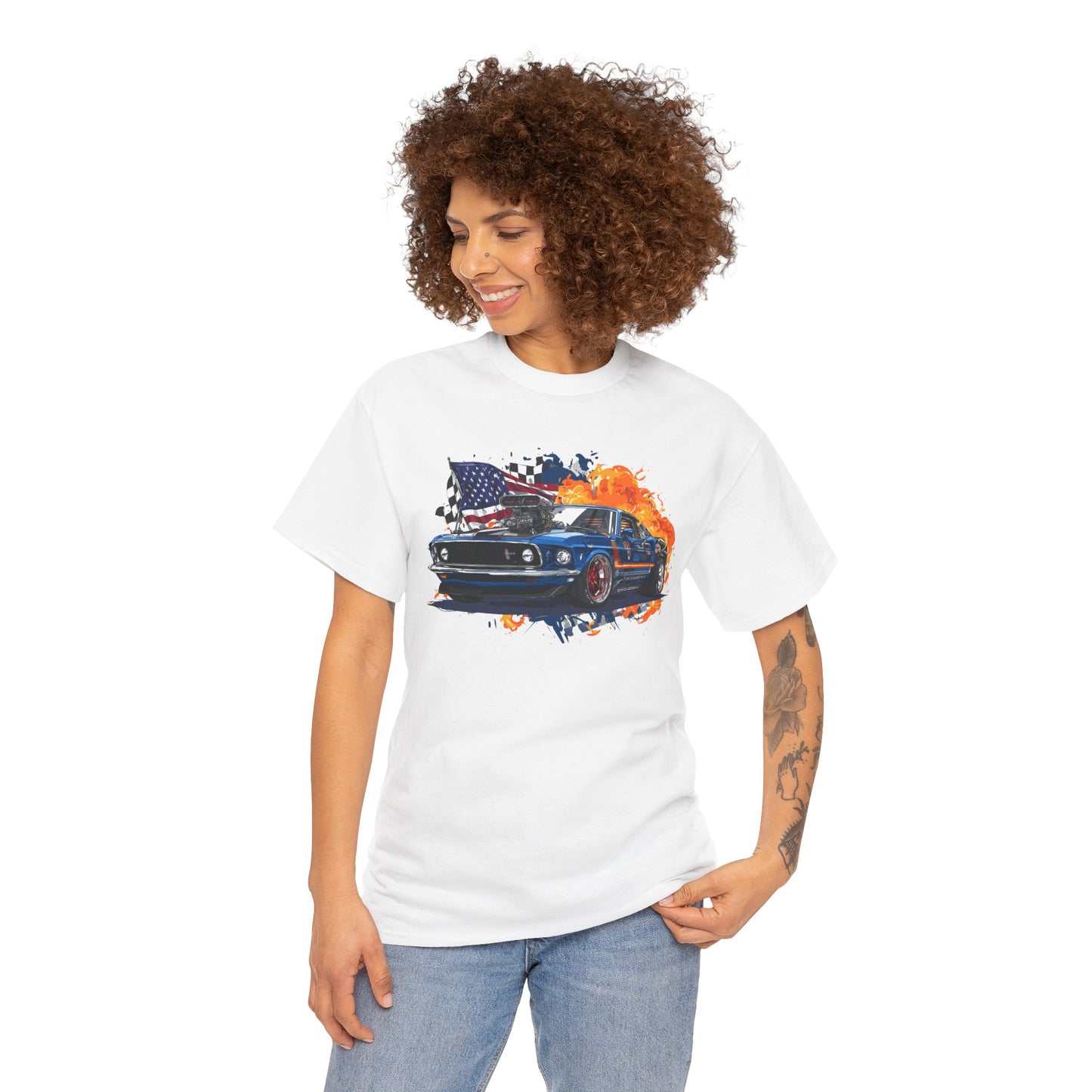 1969 Boss 429 Mustang T‑Shirt — American Flag Burnout Graphic Tee