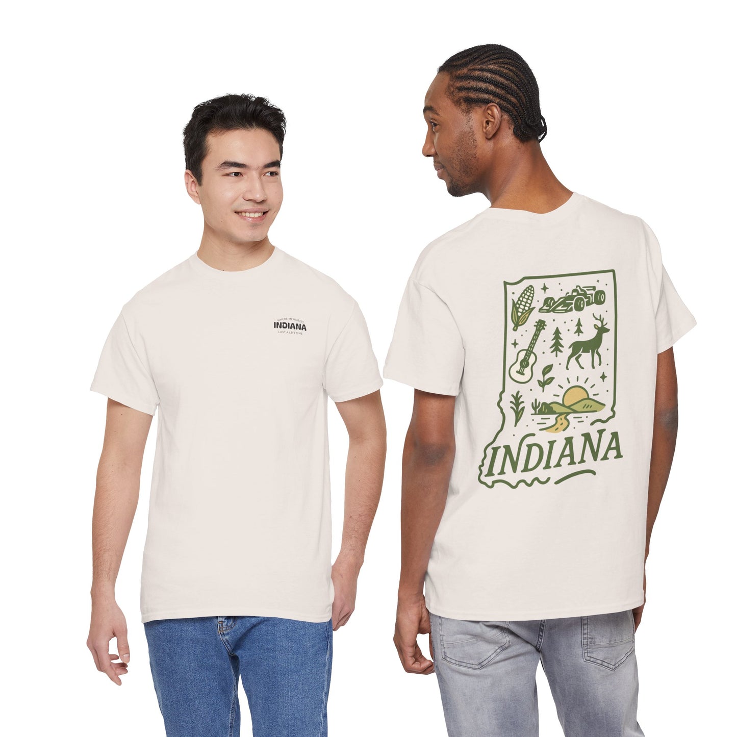 Indiana Outdoor Graphic Tee — State Map Nature & Guitar Design