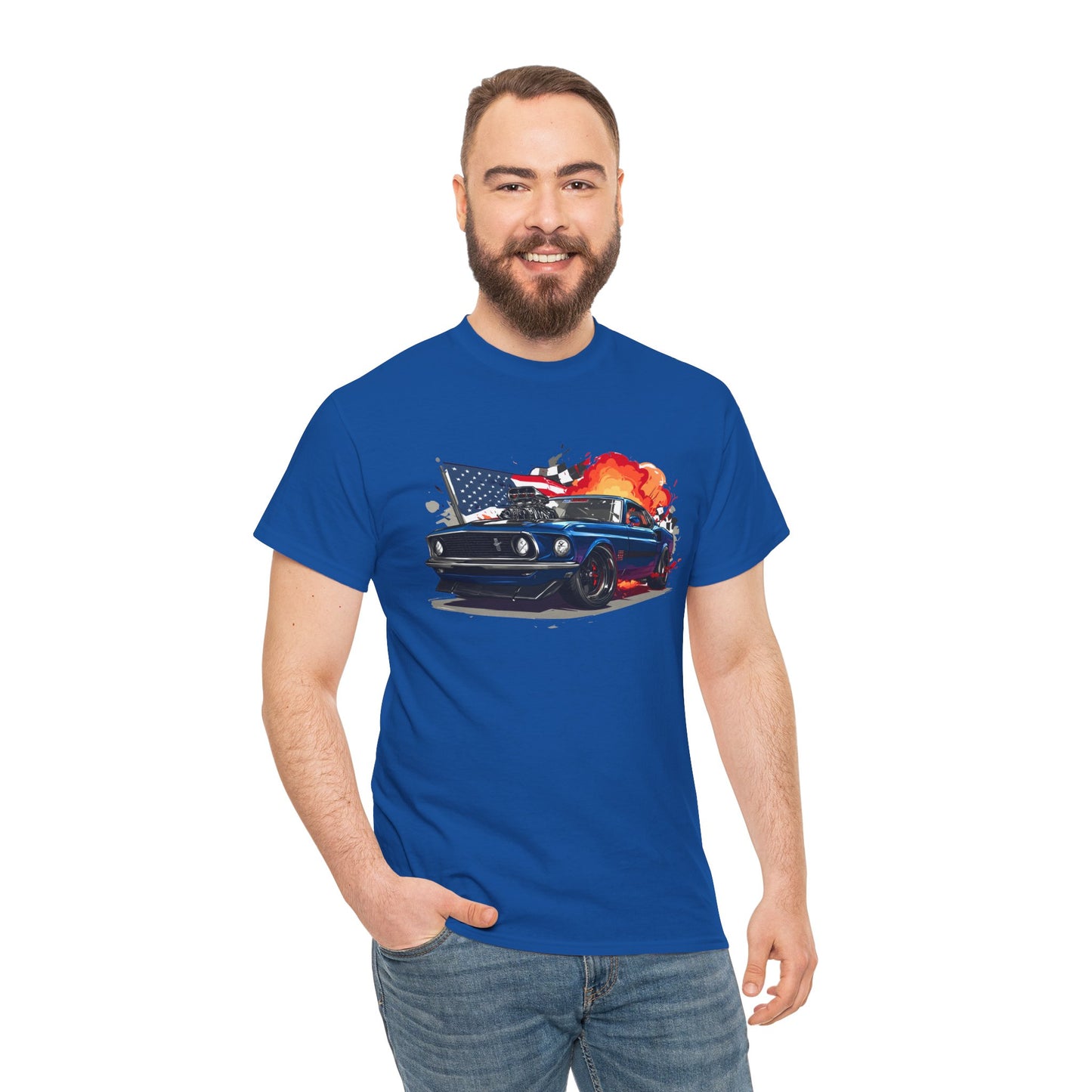 1969 Boss Mustang T‑Shirt — American Flag & Flames Classic Car Tee
