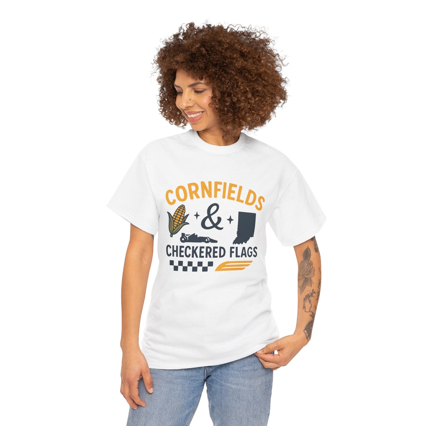 T-Shirt — "Cornfields & Checkered Flags" Indiana Racing Farm Life Tee