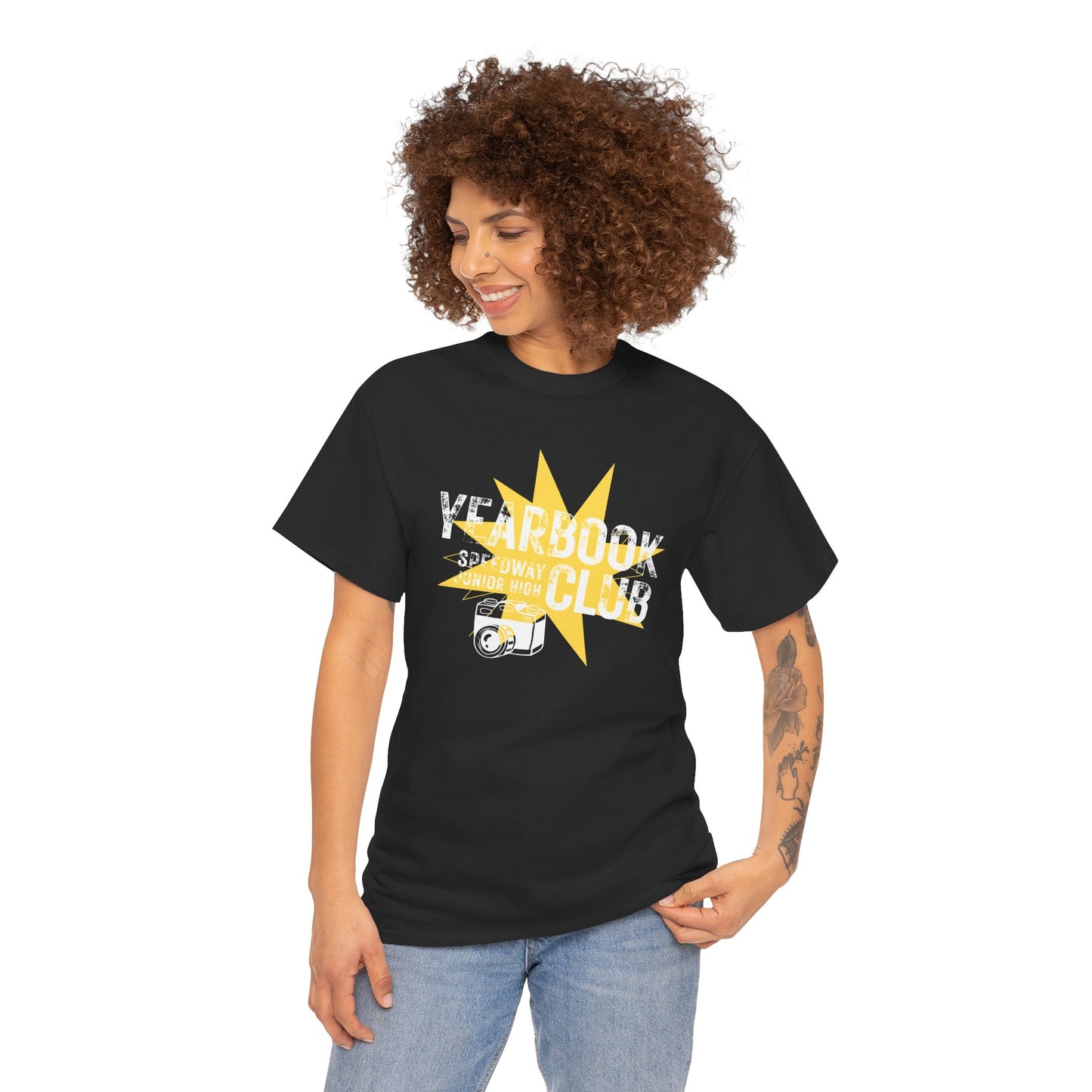 Ackerman Yearbook Club T-Shirt - camera, white font, yellow burst