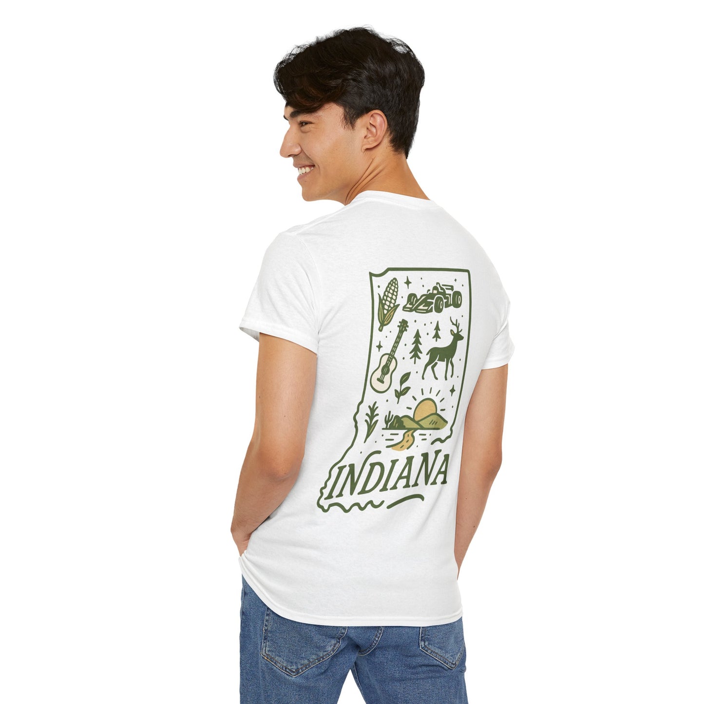 Indiana Outdoor Graphic Tee — State Map Nature & Guitar Design