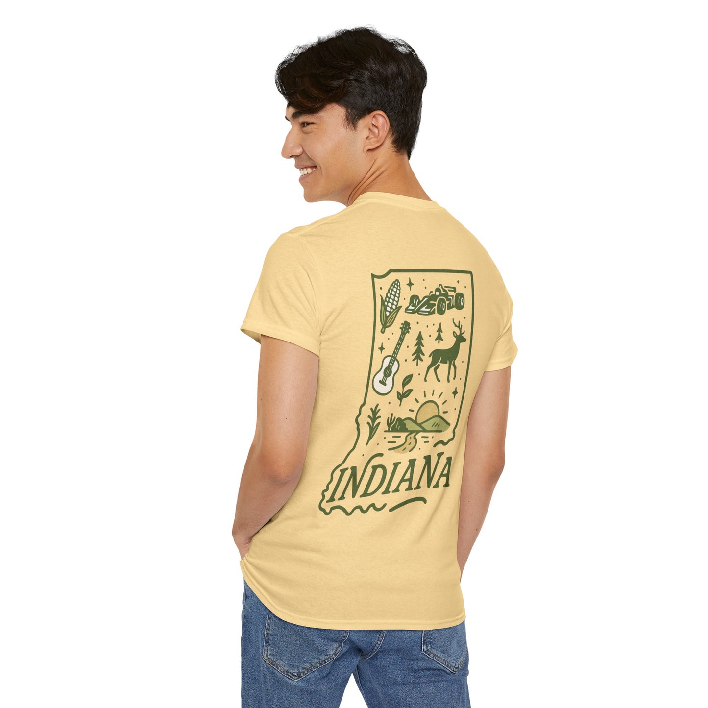 Indiana Outdoor Graphic Tee — State Map Nature & Guitar Design