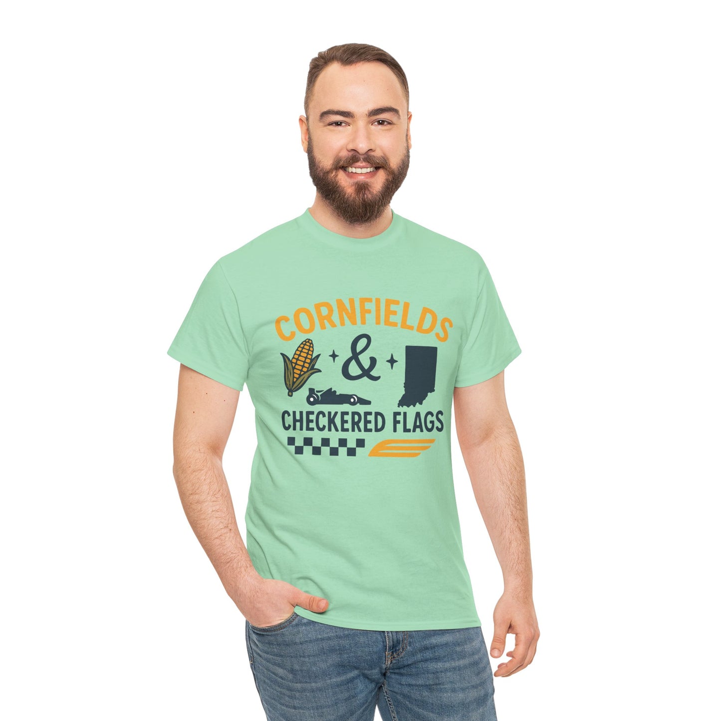 T-Shirt — "Cornfields & Checkered Flags" Indiana Racing Farm Life Tee