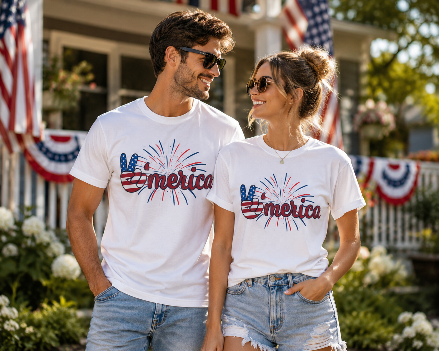 'Merica Peace Sign with Fireworks Patriotic Tee