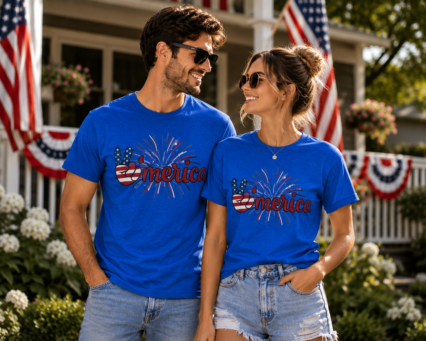 'Merica Peace Sign with Fireworks Patriotic Tee