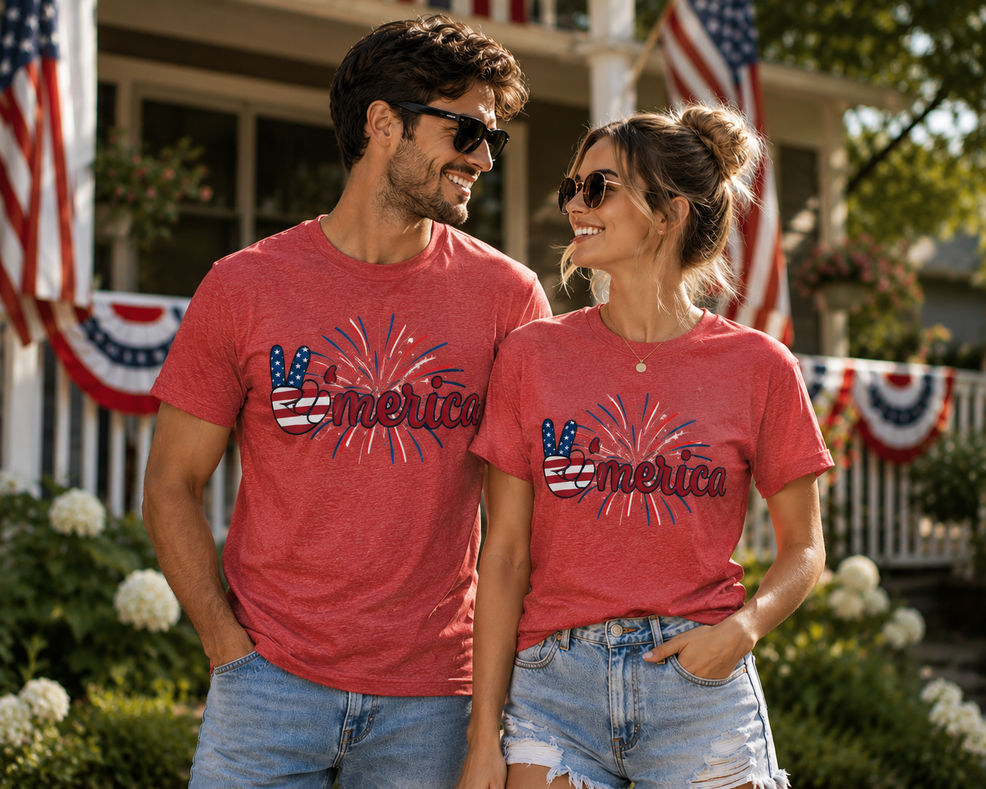 'Merica Peace Sign with Fireworks Patriotic Tee