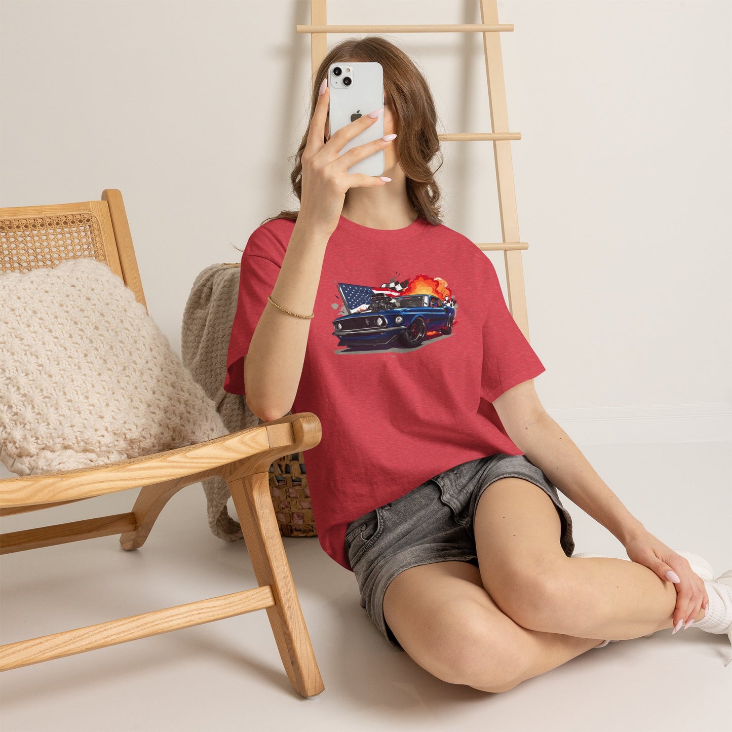 1969 Boss Mustang T‑Shirt — American Flag & Flames Classic Car Tee