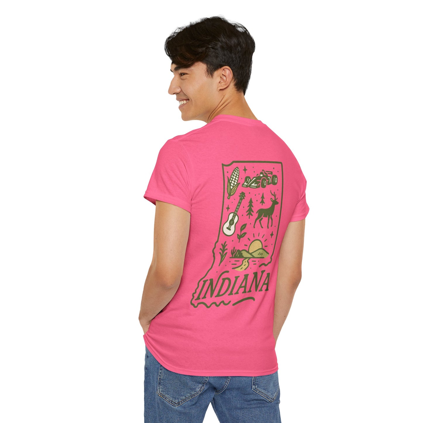Indiana Outdoor Graphic Tee — State Map Nature & Guitar Design