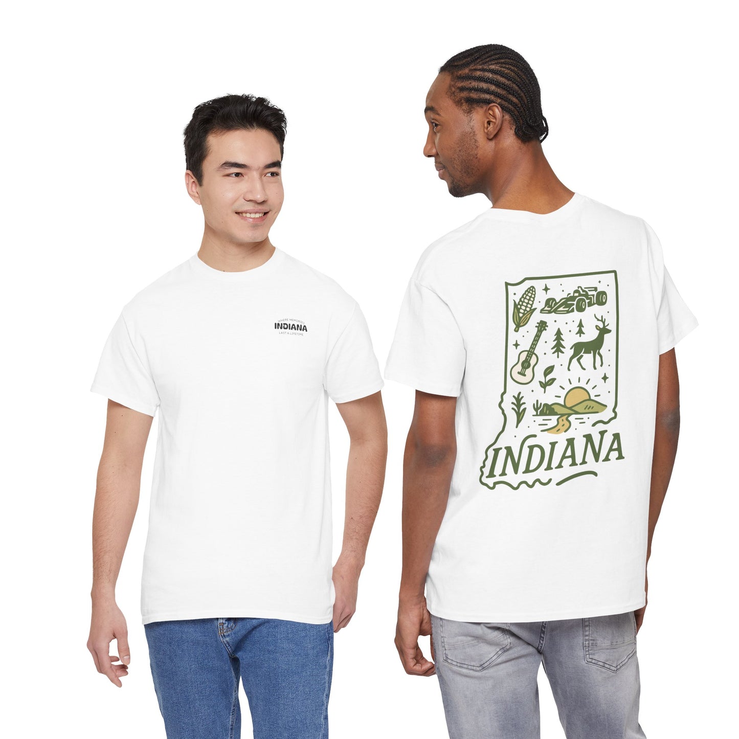 Indiana Outdoor Graphic Tee — State Map Nature & Guitar Design