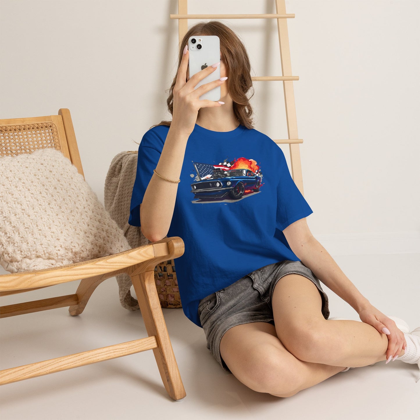 1969 Boss Mustang T‑Shirt — American Flag & Flames Classic Car Tee