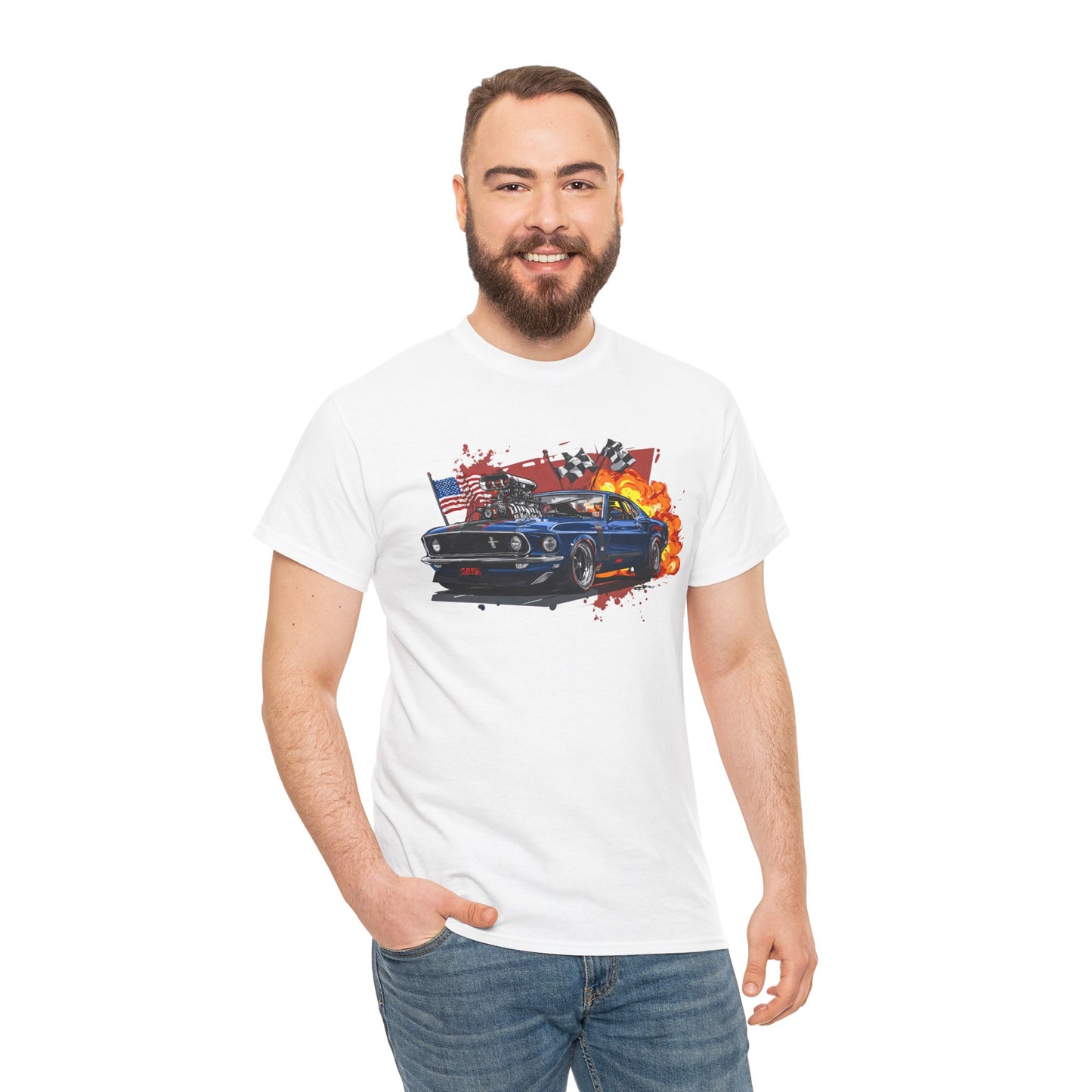 1969 Boss Mustang T‑Shirt — American Flag & Flames