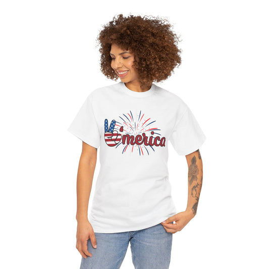 'Merica Peace Sign with Fireworks Patriotic Tee